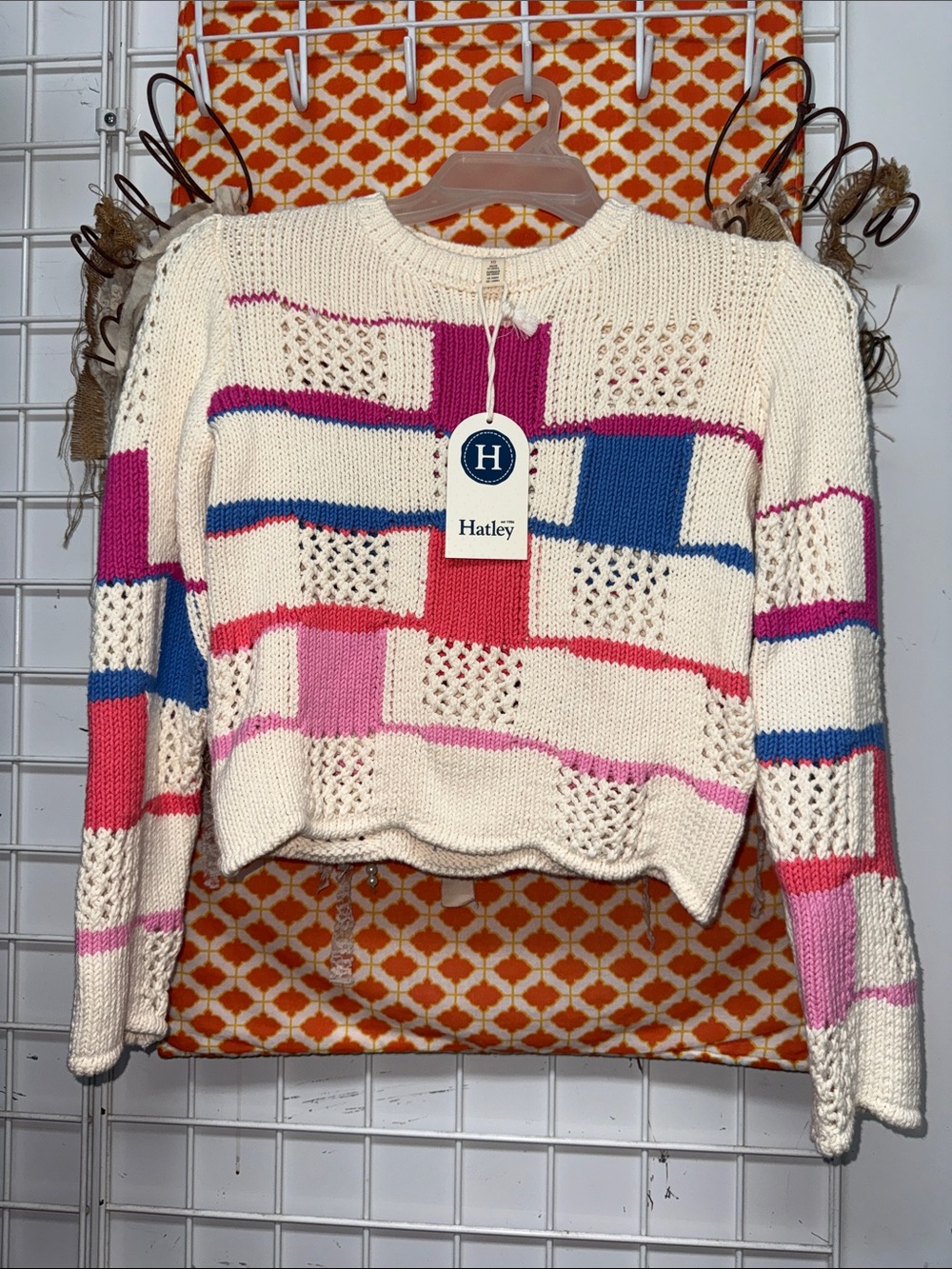 Hatley Cream Knit Patchwork Sweater with Pink, Magenta & Blue Blocks